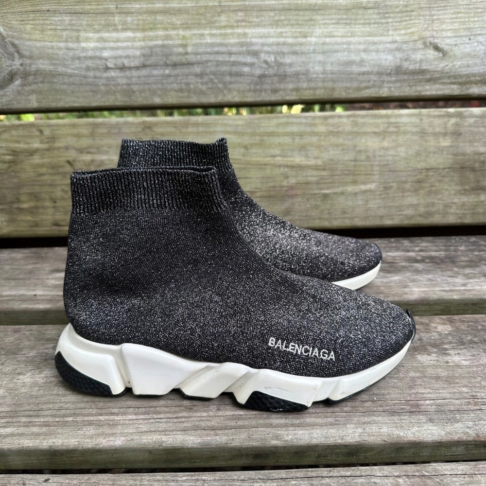 Balenciaga Speed Trainer Black Glitter Knit Sock Sneakers Size EU‎ 43 US 11